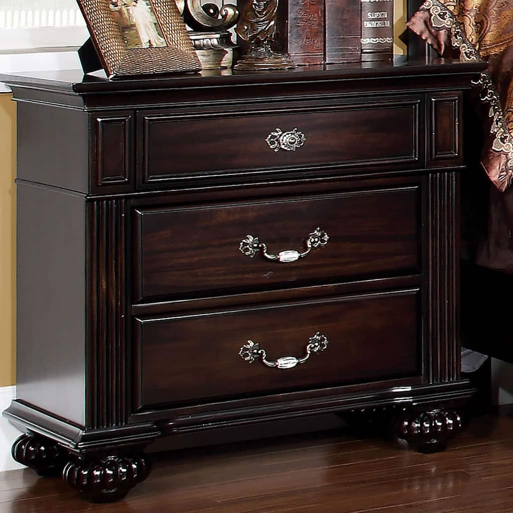 Traditional Dark Walnut 1pc Solid Wood Nightstand w/ 3 Drawers & Antique Brass Handles for Bedroom