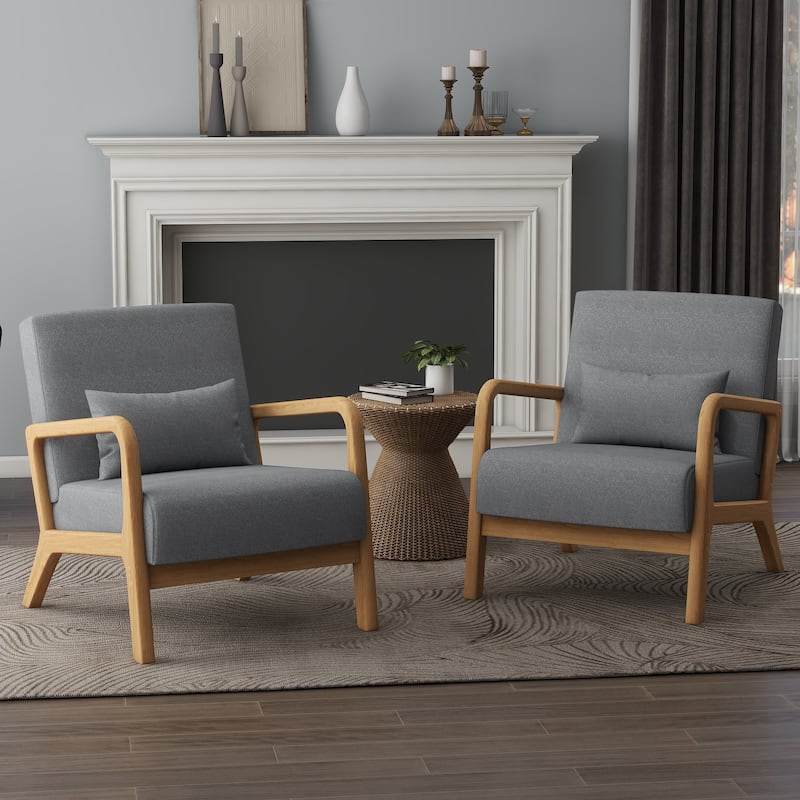 Upholstered Armchair Leisure Chair Accent Chairs Set of 2 with Pillow - Grey/Linen/Natural Wood