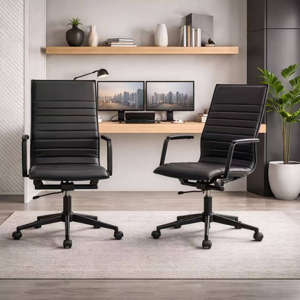 Set of 2 High Back Office Desk Chair | Upholstered Ribbed PU Leather | Armchair for Home, Executive, Conference, Meetings