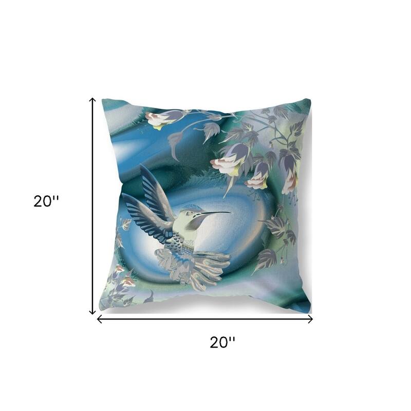 HomeRoots 20" X 20" Blue and White Bird Blown Seam Floral Indoor Outdoor Throw Pillow - 20.00' X '20.00' X '5.00