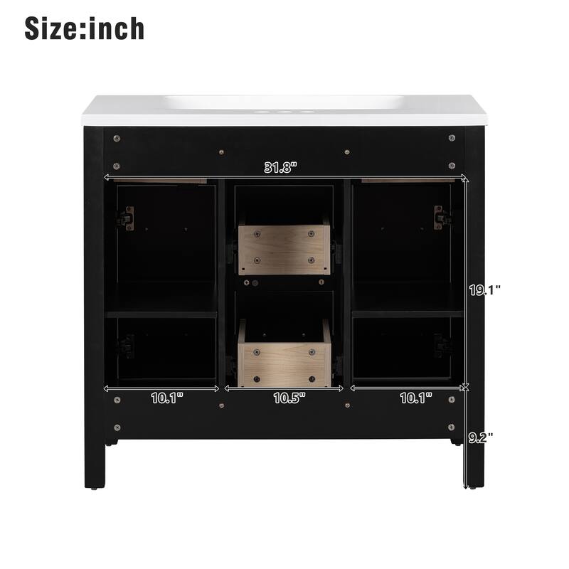 Transitional 36" Bathroom Vanity Cabinet with Stain-Resistant Resin Sink, 4 Drawers, 2 Doors, Adjustable Storage