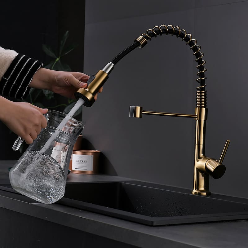 Pull Down Sprayer Kitchen Sink Faucet with LED Light - 8''W x 16.1''H - Brass