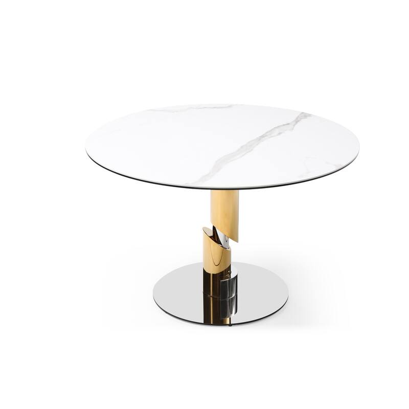 Round Dining Table - Ceramic Top with Gold and Silver Base, Stylish Seating for 4 to 6 People - 47