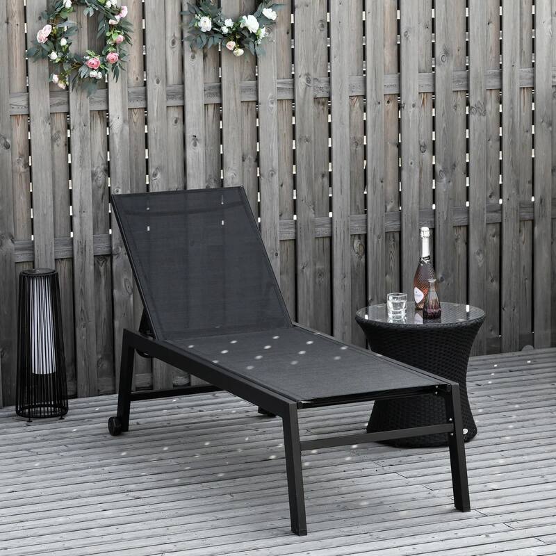 Outdoor Chaise Lounge, 5-Pos Recline, Wheels, Steel Frame, Breathable