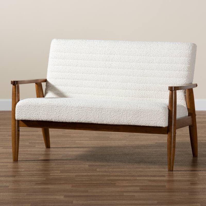 Stratton Mid-Century Modern Cream Boucle Fabric and Walnut Brown Finished Wood Loveseat