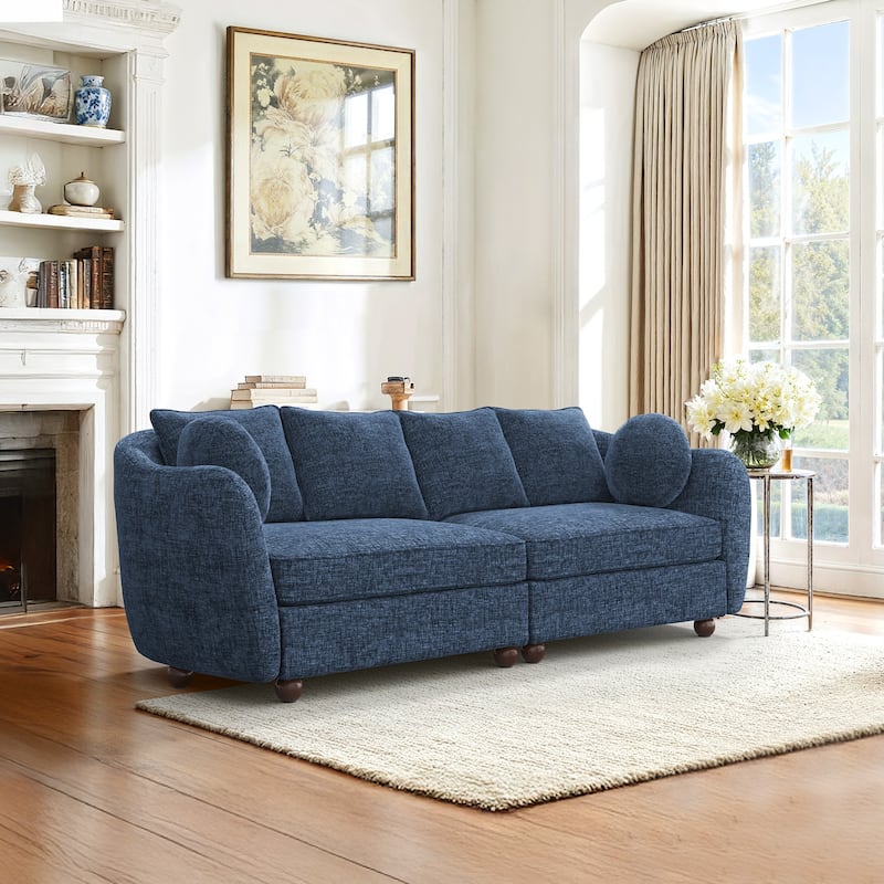 90.6" Chenille Upholstered Sofa with 6 Pillows, Modern 3-Seater Sofa Couch for Living Room Bedroom Apartment, White