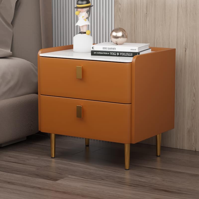 Modern Luxury 2-drawer Faux Leather Bedroom Nightstand - Orange