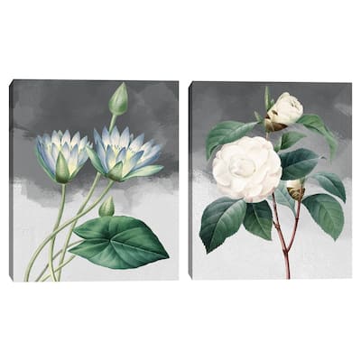 Blue Lotus & White Common Camellia Grey Canvas Art Prints