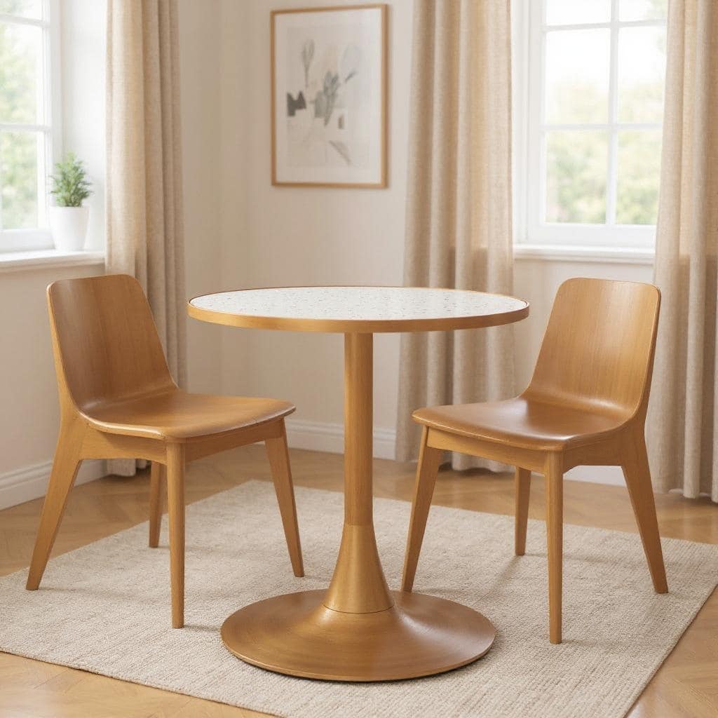 HomeRoots 24" Beige and Gold Wood and Steel Pedestal Base Round Top Dining Table - 24.00 in. x 29.90 in. x 24.00 in.