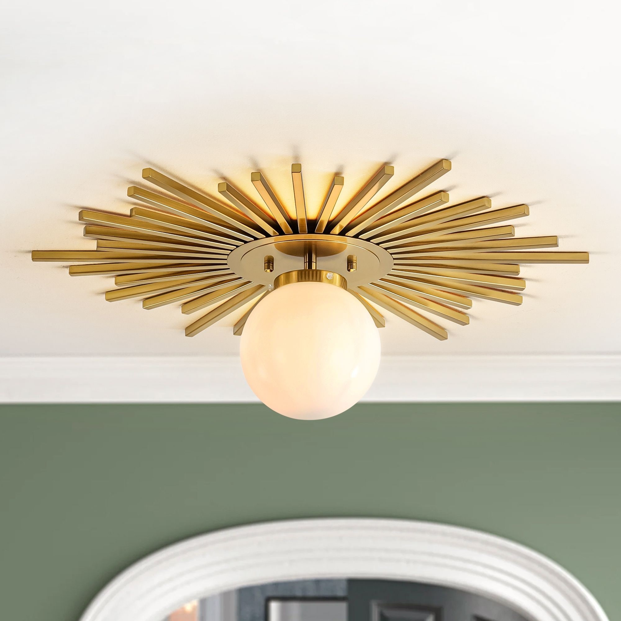 23.6" 1-Light Mid-Century Modern Luxury Raidant Sunburst Gold/Black Semi-Flush Mount Ceiling Light with Opal Glass Globe Shade