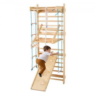 Beige Pine Wood 8 in 1 Swedish Ladder Indoor Jungle Gym for Kids and Adults with Slide Rings Rope Climbing and 220 lbs Capacity