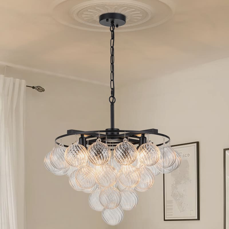 Starsky 8- Light 23in. Modern Glam Cluster Glass Bubble Chandelier with 28 Swirled Glass Globe Bubble - Swirled Glass - Black