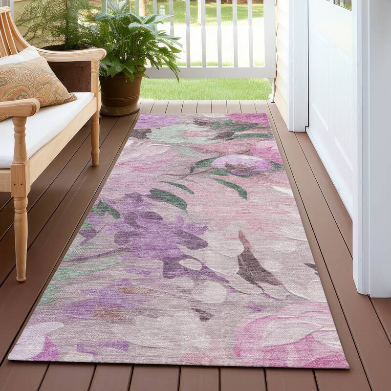 Machine Washable Indoor/ Outdoor Watercolor Floral Chantille Rug - Blush - 2'3" x 7'6"
