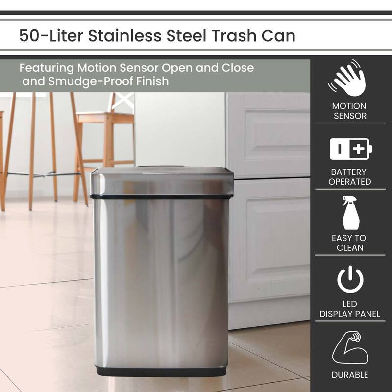 Hanover 50-Liter / 13.2-Gallon Trash Can with Sensor Lid in Stainless Steel