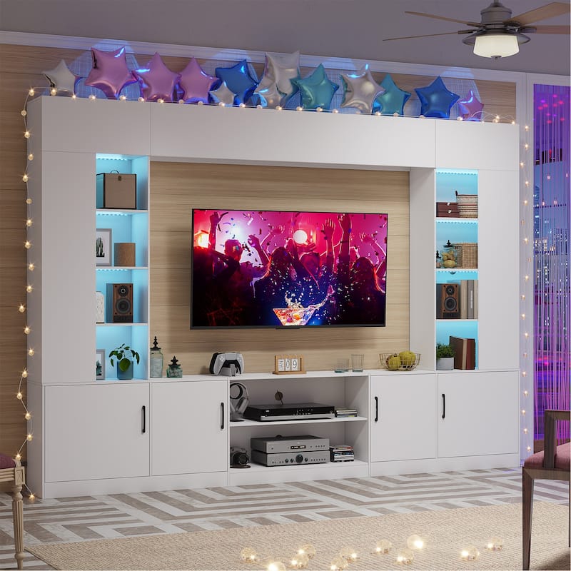 EROMMY 112" Wall Unit TV Stand with LED Lights, Bookshelves and Storage Cabinets for Living Room - White.