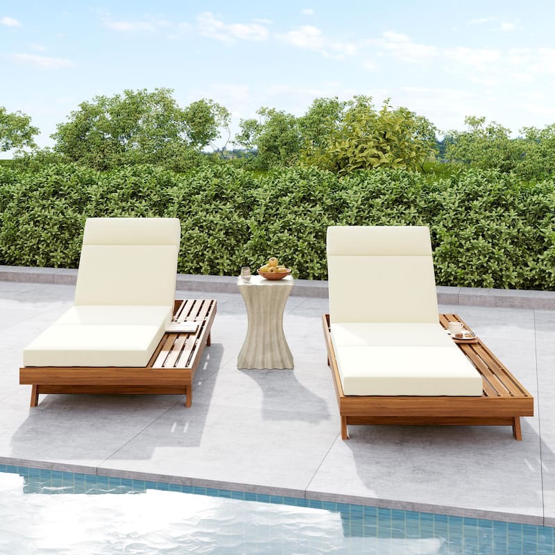 One-sided Open Storage Lounge Chairs Outdoor Patio Acacia Wood Chaise Lounge with Adjustable Backrest & Water-repellent Cushions - 4" Triple Fold Beige Cushions - 2pc