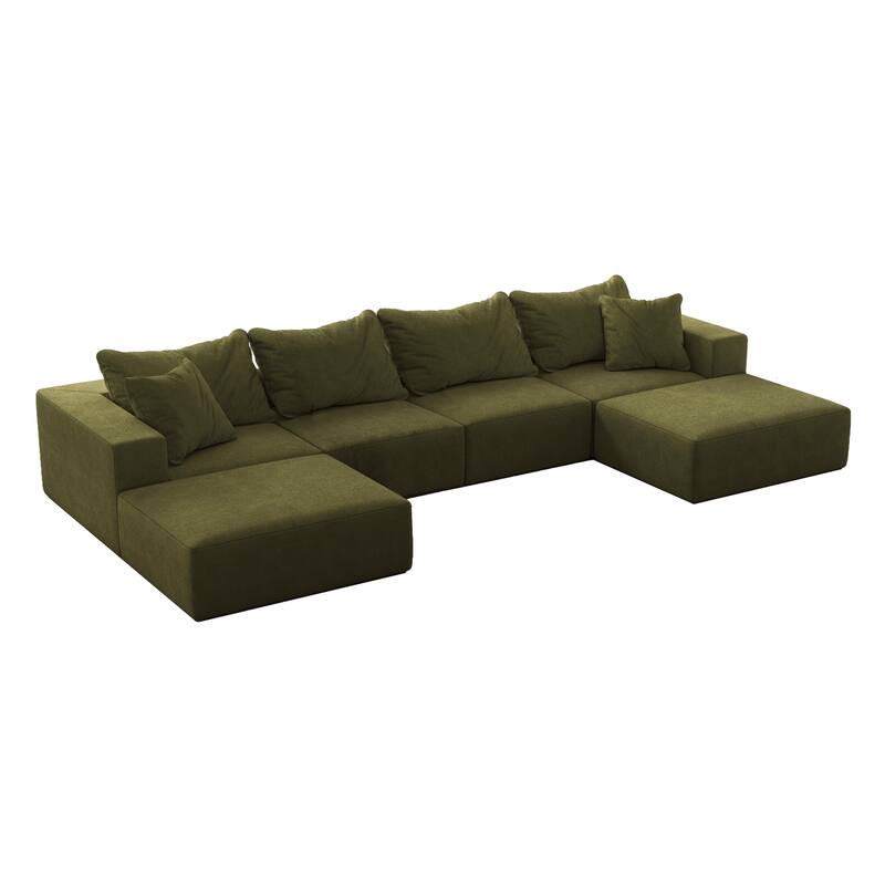 Floor Upholstered Sectional Sofa Modular L Shaped Couch Set with 6 Pillows and Ottomans, Living Room Sleeper Sofa Bed