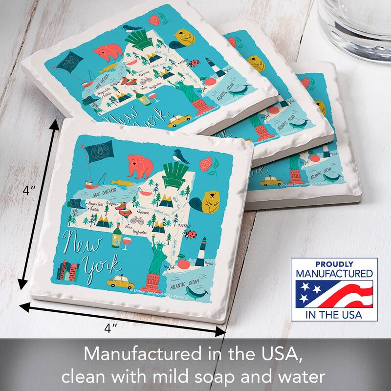 New York Home 4-Pack Absorbent Stone Coasters with Protective Cork Backing 4" Square Made in The USA Artistic Easily Wipes Clean