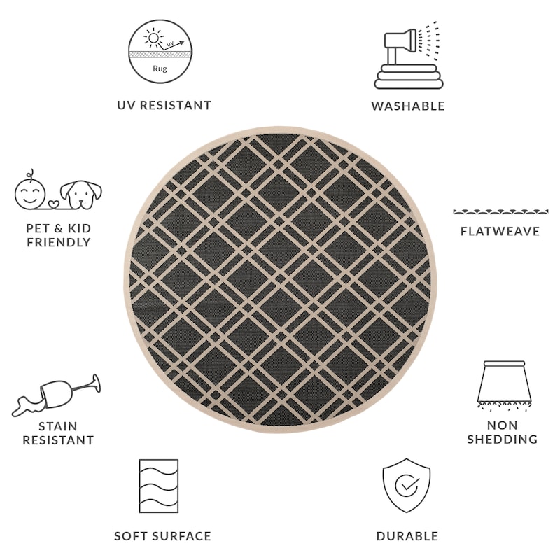 SAFAVIEH Courtyard Lisaveta Indoor /Outdoor Waterproof Patio Backyard Rug - 7'10" Round - Black/Beige