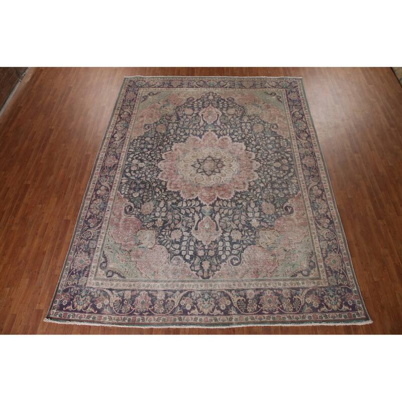 Distressed Tabriz Persian Antique Area Rug Handmade Wool Carpet - 9'9" x 12'8"