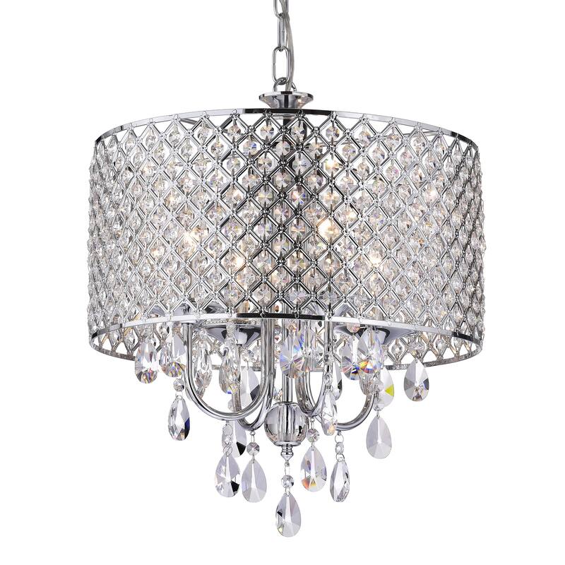 Round Beaded Drum Chandelier with Hanging Crystals - 17" - Chrome