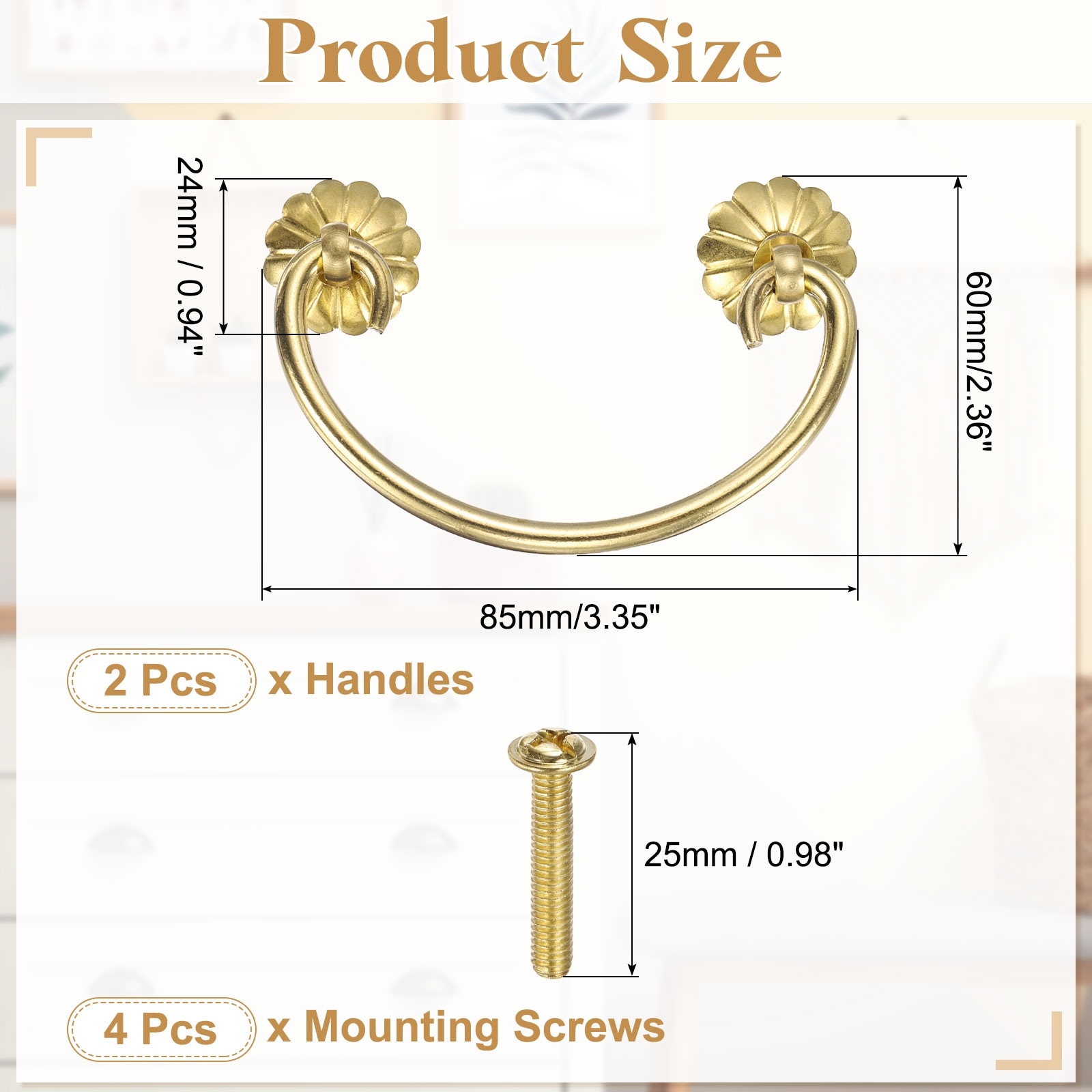 Brass Drawer Pulls and Knobs with Double Mounting Holes, Vintage Ring Drawer Pulls with Screws