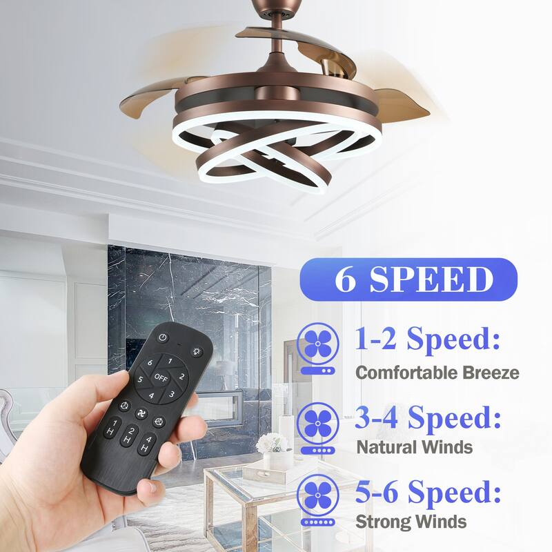 Bella Depot 42" Modern Retractable DIY Shape Ceiling Fan with Remote, 6-Speed Reversible Ceiling Fan with LED Light
