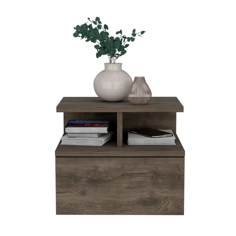 Wall-Mounted Floating Nightstand with Single Drawer and 2-Tier Shelf in Dark Walnut