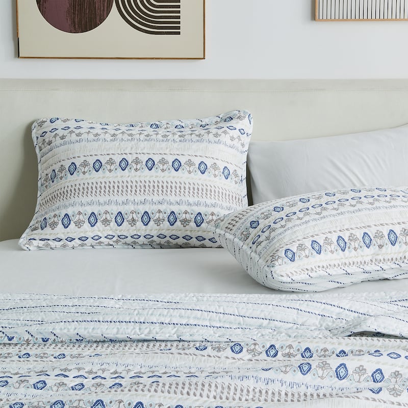 Linery & Co. Floral Stripe Printed Reversible Stitched Quilt Set with Shams