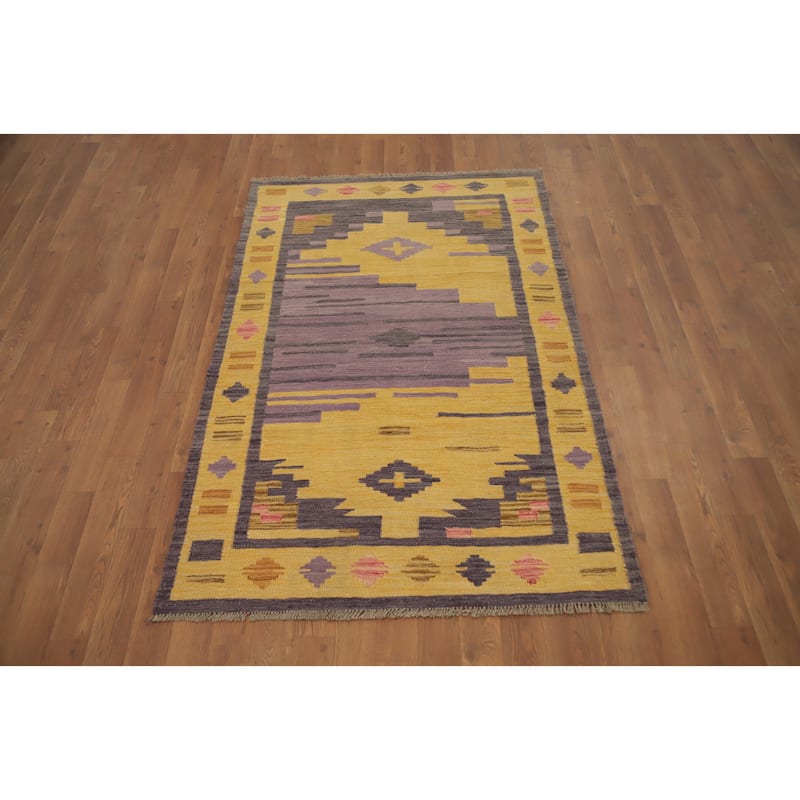 Hand Woven Oriental 100% Wool Carpet Southwestern Tribal Yellow & Gold Kilim Area Rug - 5' 1'' X 3' 3''