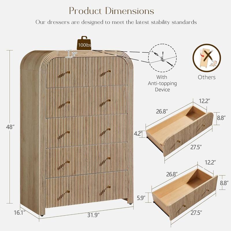 Modern Fluted 5 Drawers Dresser, Wood Chest of Drawers for Bedroom
