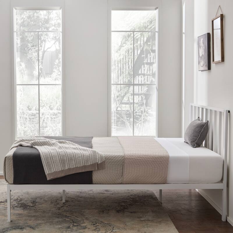 Modern White King Metal Platform Bed with Vertical Bar Headboard