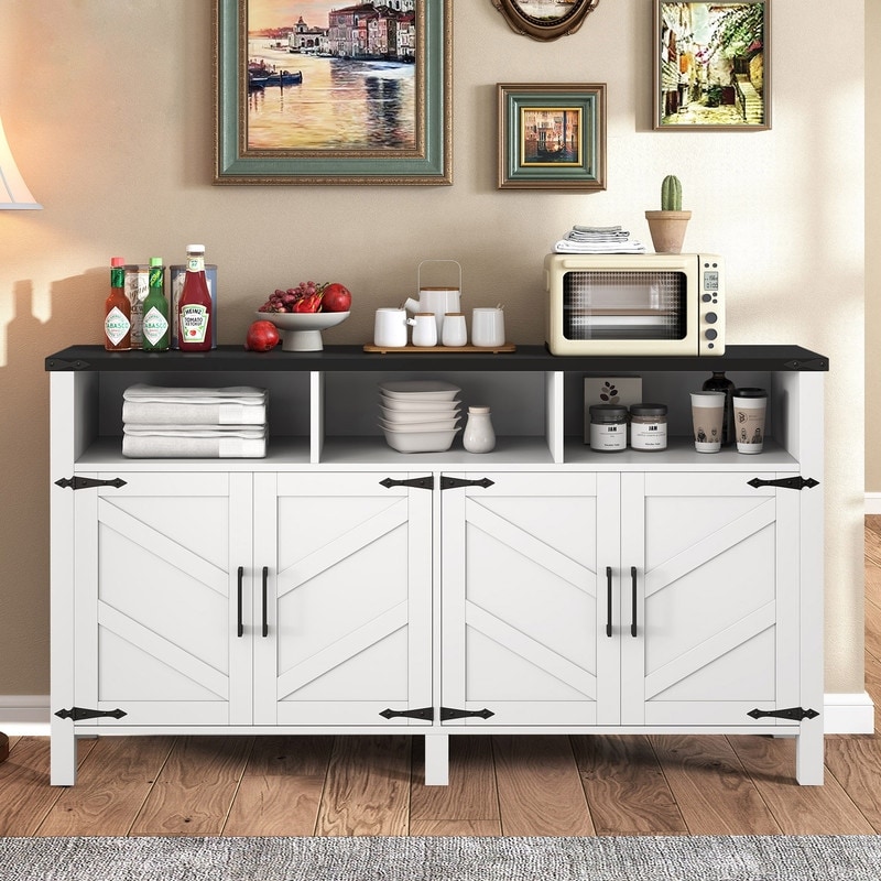 Modern 4-Door Sideboard Buffet with Power Outlets Adjustable Shelves and Half-Open Storage Design
