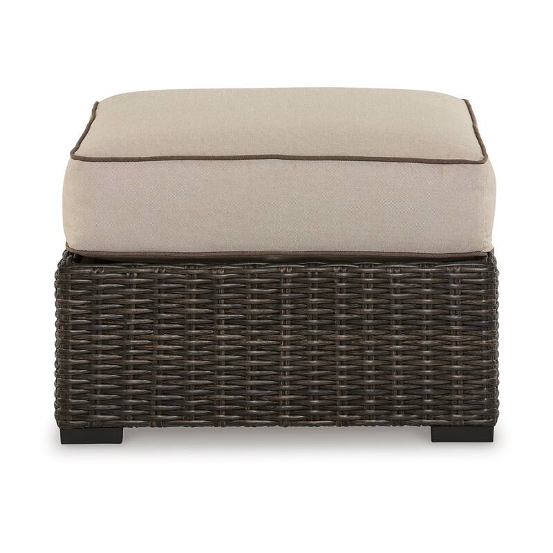 Waga 29 Inch Outdoor Ottoman, Cushioned Seat, Resin Wicker, Brown, Beige