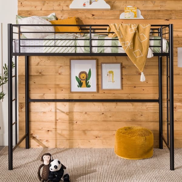 slide 2 of 14, Walker Edison Abner Black Metal Classic Twin Loft Bed Black