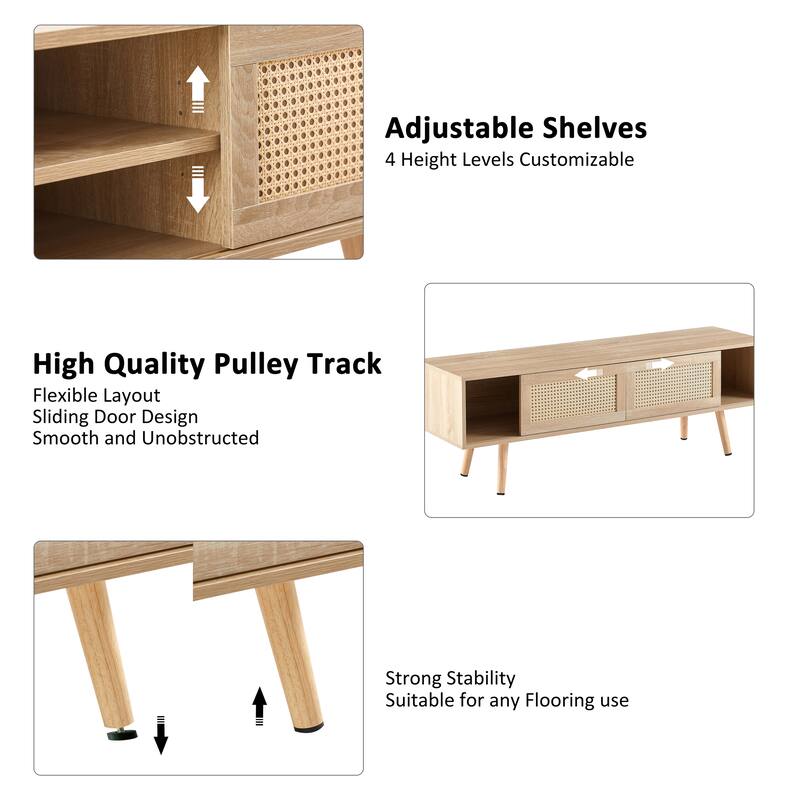 55" Rattan TV Stand with Sliding Doors, Mid Century Media Console with Adjustable Shelf & Solid Wood Legs for Living Room