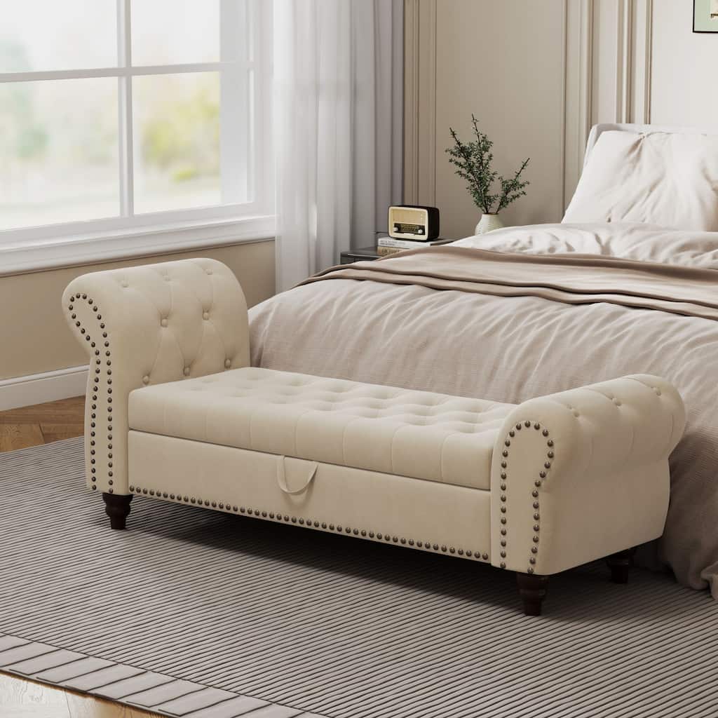Tufted Upholstery Storage Bench with Nailheads