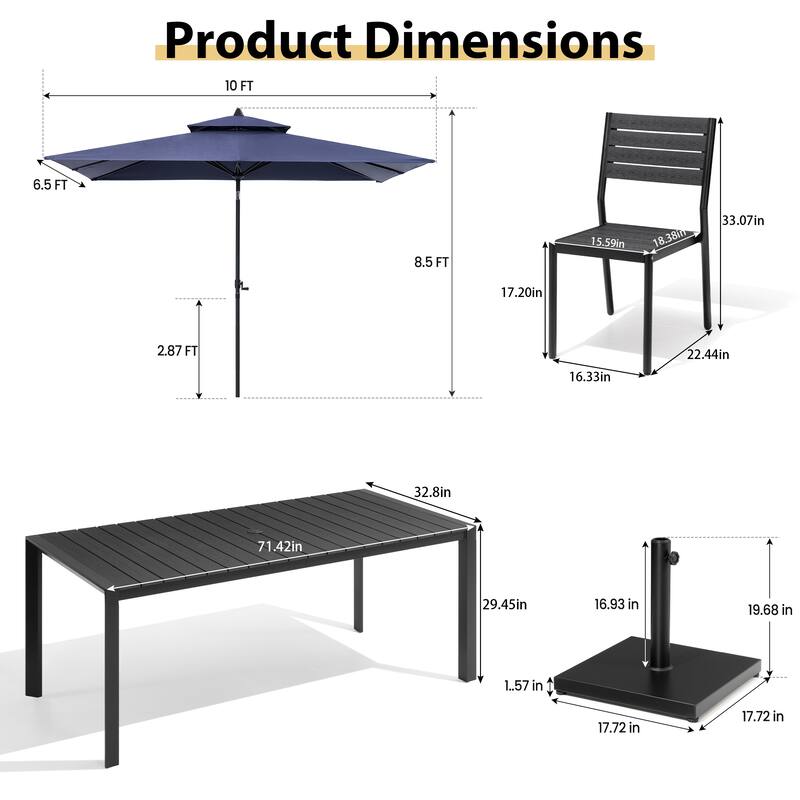 9/11-Piece Outdoor Dining Set w/10 ft Umbrella and Base Aluminum Dining Table and Stackable Chairs