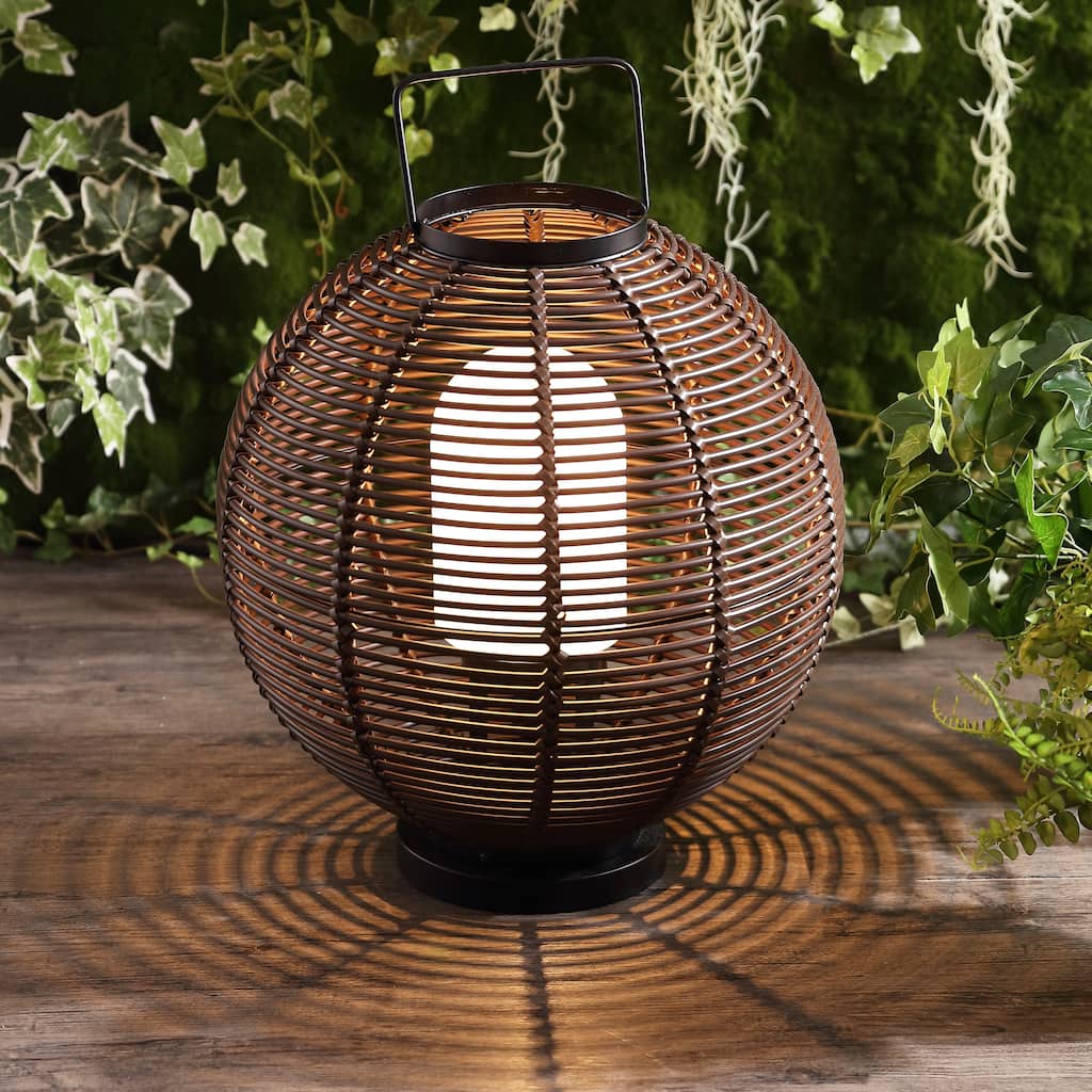 JONATHAN Y Kandella 22" Outdoor Woven Globe Asian LED Lantern, Coffee