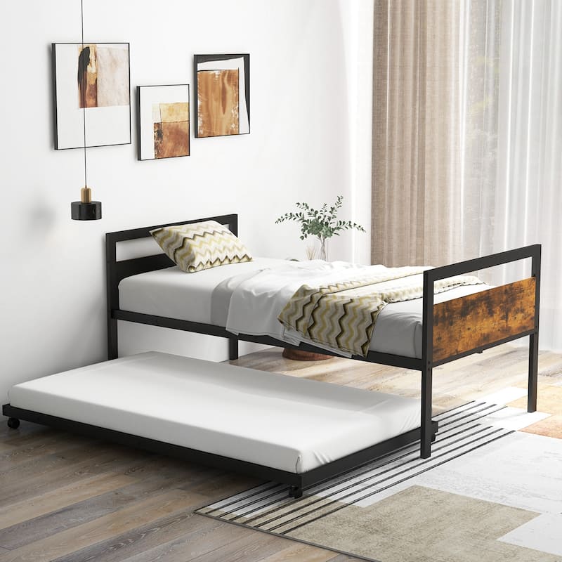 Costway Twin Metal Daybed with Trundle Lockable Wheels Heavy Duty