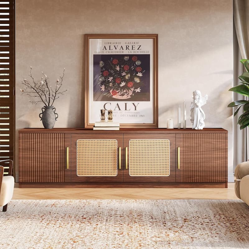 70.9 Inches Wood Console TV Stands Cabinet with 6 Tiers Storage Shelf