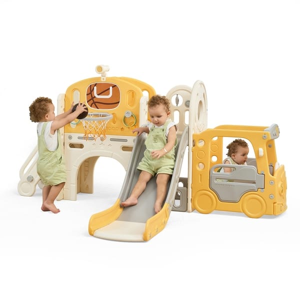 slide 2 of 30, 10 in 1 Toddler Slide, Baby Climber Slide Indoor Playground with Bus Theme Playhouse, Basketball Hoop, Telescope, Soccer Yellow