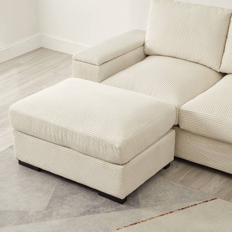 U-Shaped Sectional Sofa with 2 Movable Ottomans, Comfy Corduroy Upholstered 4 Seater Sofa, Lounge Sofa with Storage Armrests