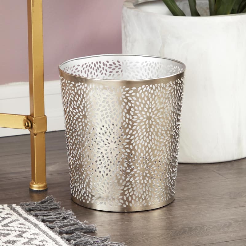 Metal Floral or Geometric Small Waste Bin with Laser Carved Design - Gold or Silver - CosmoLiving by Cosmopolitan