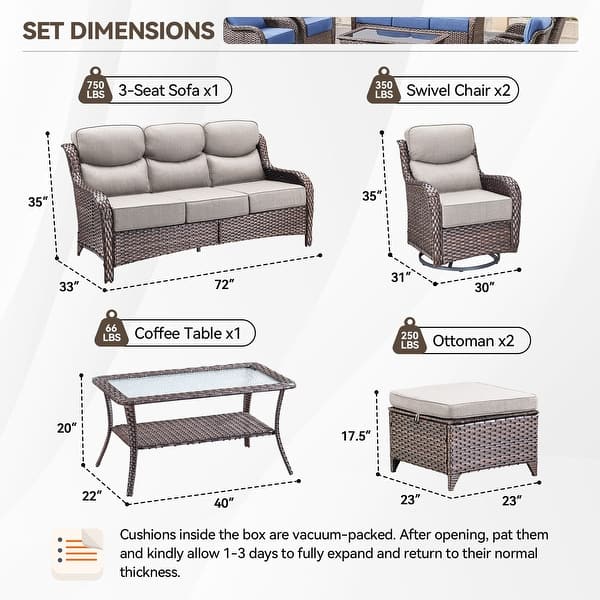 dimension image slide 13 of 68, Outdoor Patio Sofa Swivel Chair with 6-Inch Thick Cushions Set