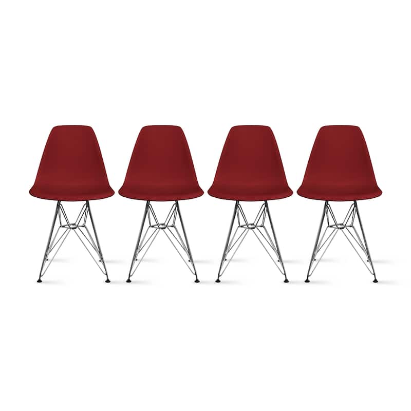 Colorful Designer Plastic Dining Chairs Kitchen Bedroom with Chrome Metal Eiffel Legs Hotel Restaurant Reception (Set of 4) - Red