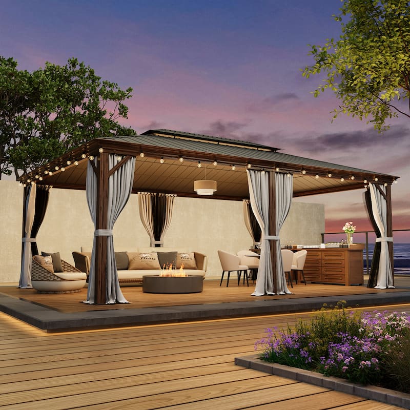 Outdoor Hardtop Gazebo with Galvanized Steel Double Roof & Aluminum Frame, Outdoor pergola with Premium Curtains and Nettings - 14'x20' - Wood Grain