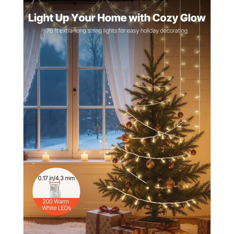 Warm White LED Christmas String Lights 200 Bulbs 76ft with Timer - 76 FT