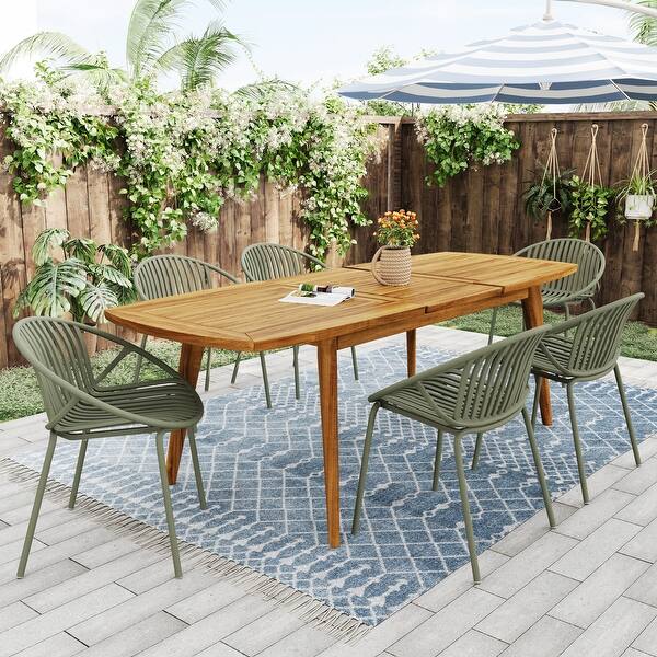 slide 2 of 20, Roomfitters Outdoor Expandable Dining Set 7 Piece Acacia Wood Table Stackable Chairs