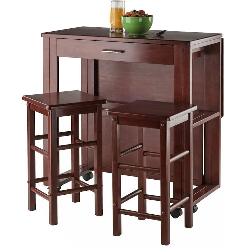 Drop Leaf Dining Set - Rolling Kitchen Table with Stools - Compact Space Saver - Engineered Wood Finish